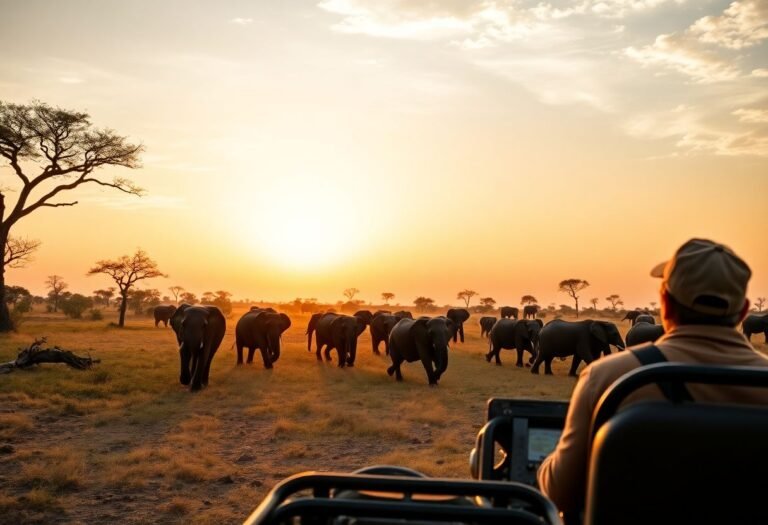 סצנת ספארי באפריקה בשעת שקיעה – עדר פילים חוצה את המישורים לעיני מטיילים ברכב ספארי פרטי