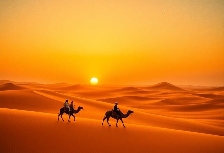 שקיעה מרהיבה מעל דיונות זהובות במדבר הסהרה עם שיירת גמלים ומדריכים בדואים