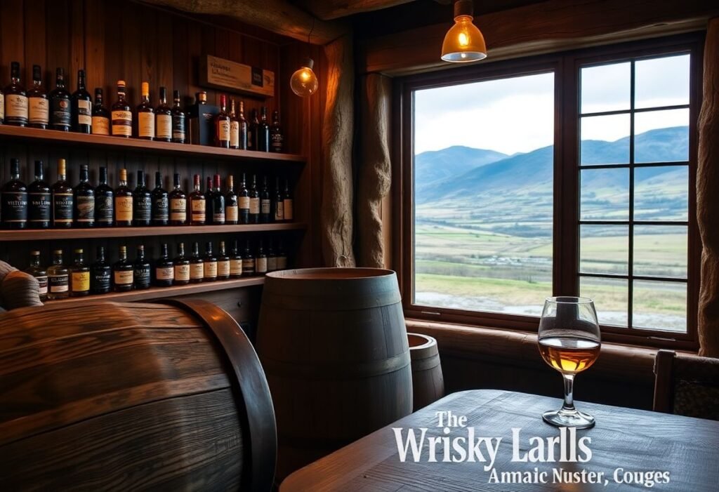 חדר טעימות וויסקי בסקוטלנד עם בקבוקים עתיקים, חבית עץ פתוחה ונוף של ההיילנדס