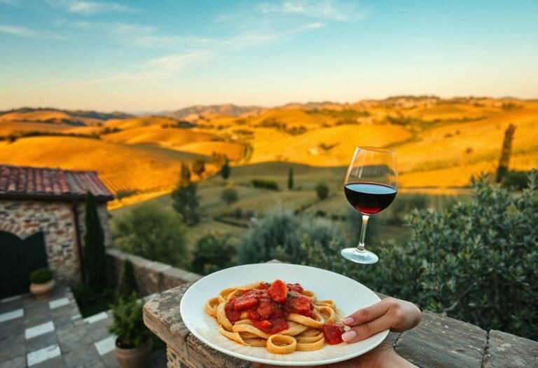 בוקר שטוף שמש בטוסקנה: נוף גבעות ירוקות עם כרמים, מרפסת של וילה עתיקה, כוס יין קיאנטי ורביולי טרי בצלחת