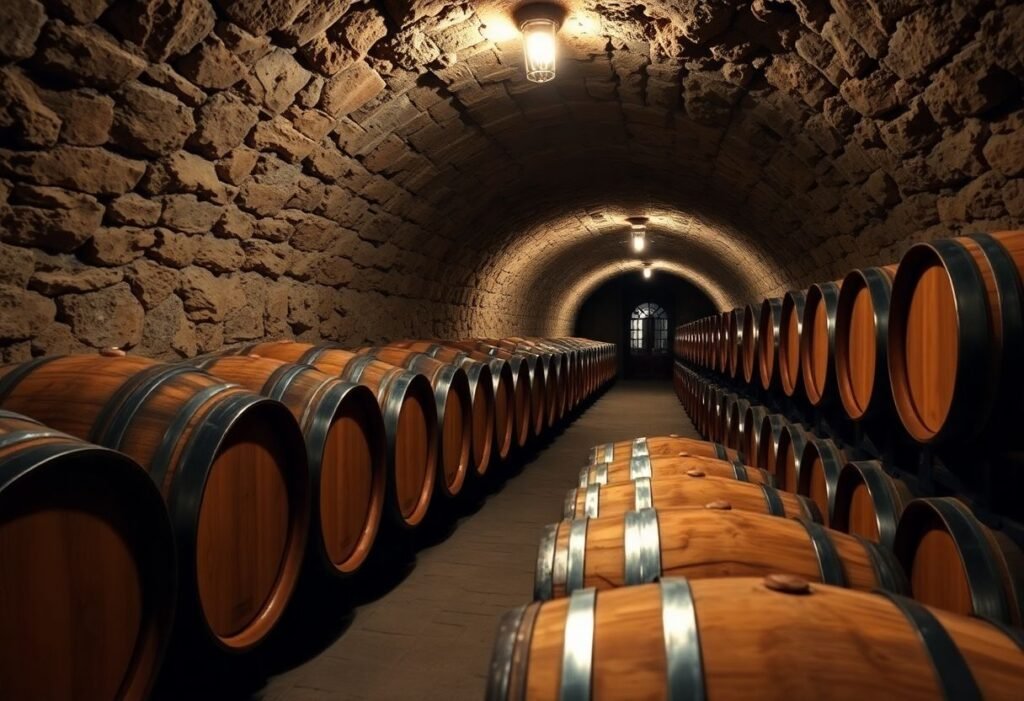 A historic underground wine cellar in Moldova filled with wooden barrels.