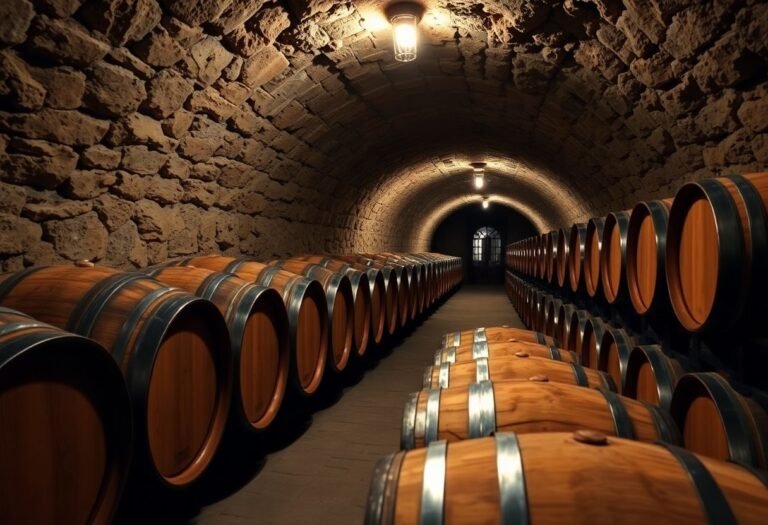 A historic underground wine cellar in Moldova filled with wooden barrels.