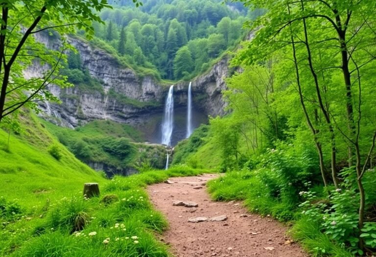 Hiking trail in Romania Carpathians leading to a hidden waterfall