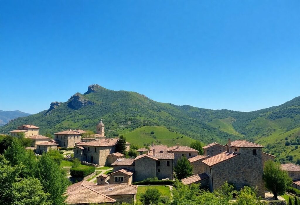 Scenic view of the Zagori villages in Pindus mountains, Greece, with traditional stone houses and rolling green hills.