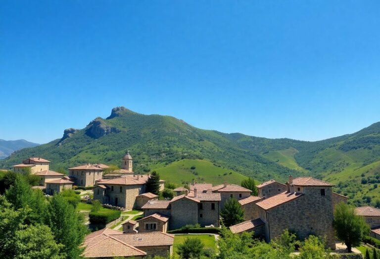 Scenic view of the Zagori villages in Pindus mountains, Greece, with traditional stone houses and rolling green hills.