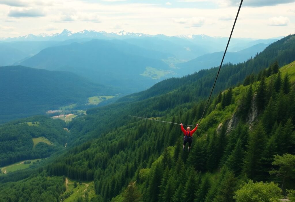 A person zip-lining over the lush green valleys of the Carpathian Mountains, with snow-capped peaks in the background.