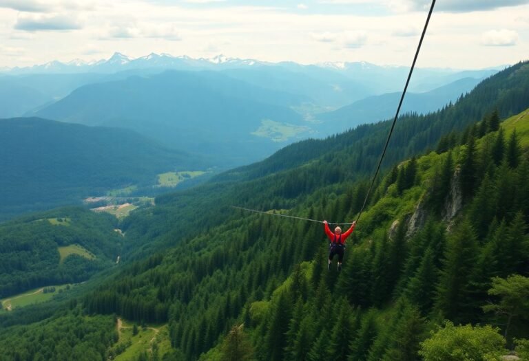 A person zip-lining over the lush green valleys of the Carpathian Mountains, with snow-capped peaks in the background.