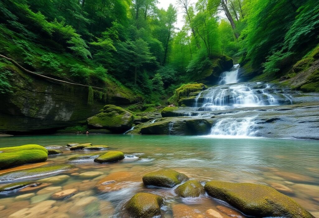 A hidden waterfall in Romania's Carpathian Mountains with clear waters flowing over moss-covered rocks