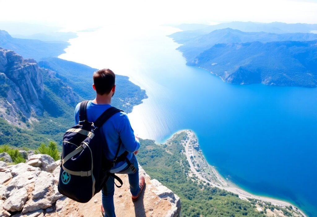 A paraglider taking off from a cliff in Montenegro, with a stunning view of the coastline and mountains in the background.