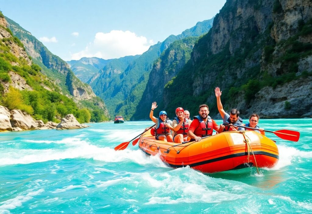 A group of people rafting on the turquoise waters of the Tara River in Montenegro, surrounded by stunning mountain scenery.