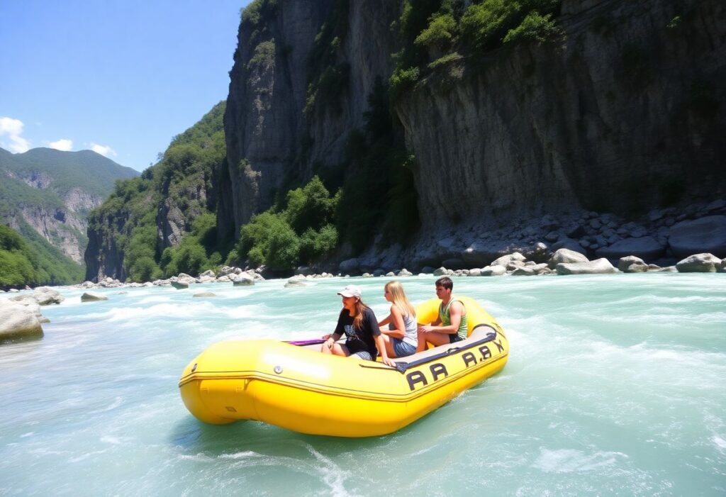 A group of people rafting on an inflatable raft in the white-water rapids of Montenegro, with tall green cliffs in the background.