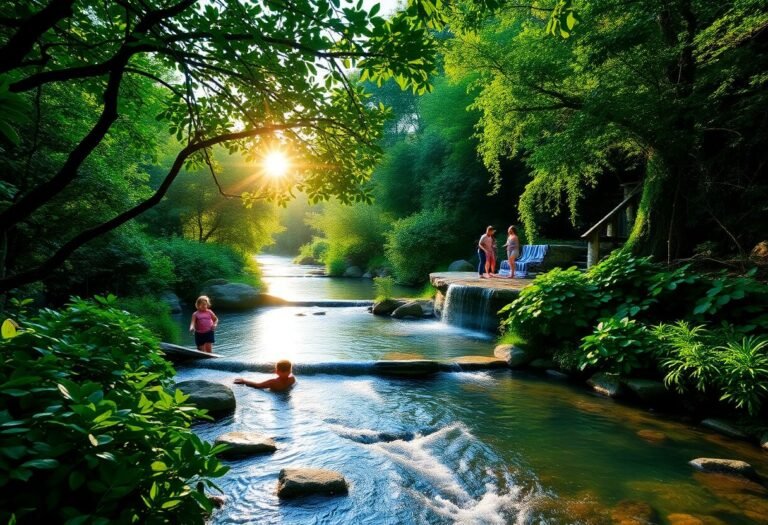 Scenic view of a family-friendly stream in Greece, featuring natural pools and lush greenery.