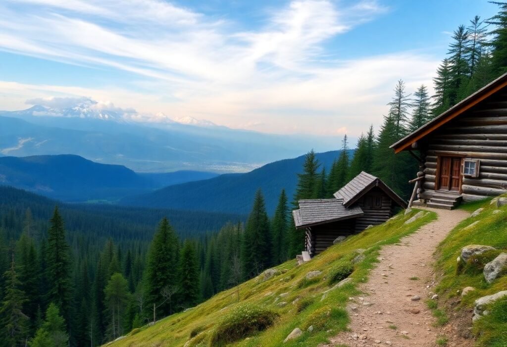 A beautiful hiking trail in the Tatra Mountains of Poland surrounded by lush forests and rustic wooden huts.